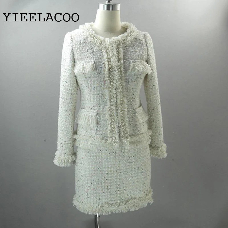 Beige tweed jas + rok pak kleur sequin 2019 herfst/winter vrouwen jas nieuwe dames pak rok pak 2 sets Beige tweed jas + rok pak kleur sequin 2019 herfst/winter vrouwen jas nieuwe dames pak rok pak 2 sets