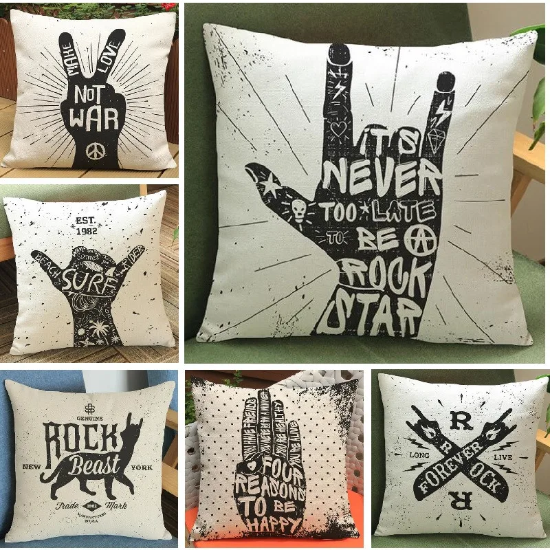 Rock Cushion Cover Linen Music Gesture Pillow Cover Car Sofa Throw Pillows Decorative Pillowcase almofada decorativos cojines