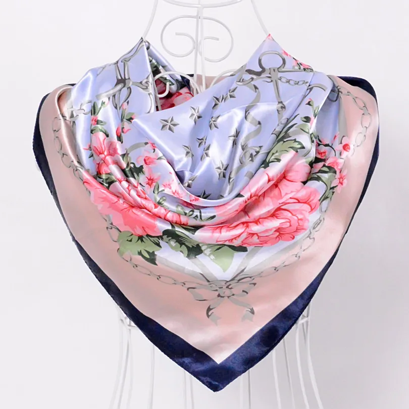 blue chinese peony Элегантный женский большой квадратный шелковый шарф с принтом, 90*90 см, модный весенний и осенний серый и фиолетовый Шелковый шарф из полиэстера, шаль - Цвет: blue chinese peony