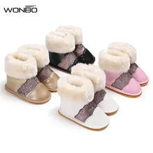 Детские ботинки; зимние сапоги для малышей; модные теплые зимние Нескользящие кожаные туфли для малышей из искусственной кожи для маленьких девочек