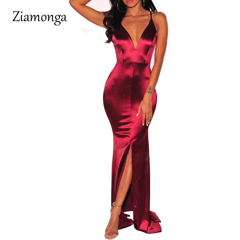 Ziamonga классический v-образным вырезом сексуальный разрез атласное платье Спагетти ремень Длинный Шелковый дамы Вечери