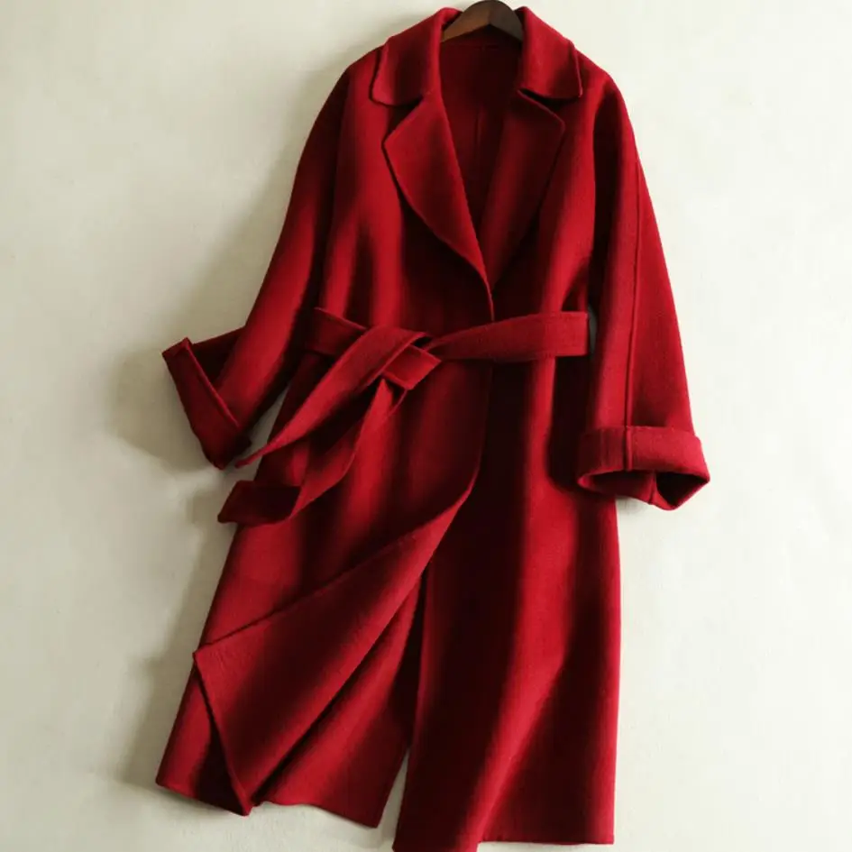 Двухстороннее шерстяное пальто женское новое длинное теплое шерстяное пальто кашемировое пальто с поясом и рукавом пальто размера плюс