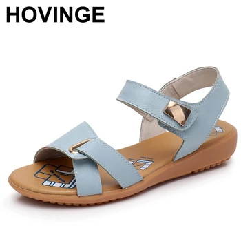 

HOVINGE Genuine Leather Women Flat Sandals Plus Size 34-43 New Fashion Casual Solid Buckle Strap Woman Shoes Summer Footwear