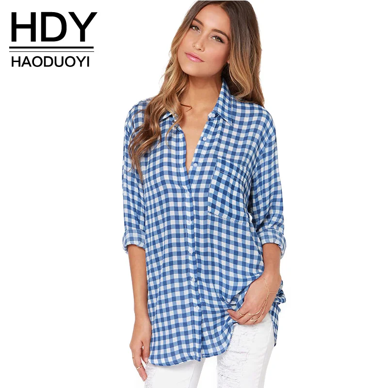 

HDY Haoduoyi Fashion casual blue plaid women Blouse loose long shirt for wholesale and free shipping Women Tops Female