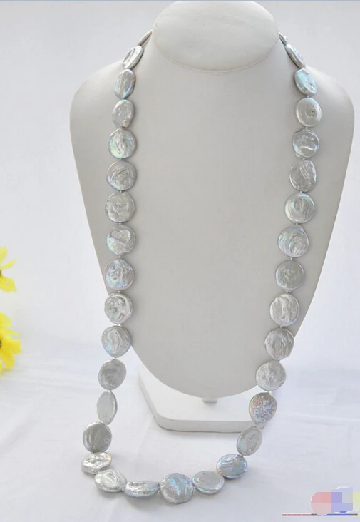 

A P5026 Huge 32" 22mm gray coin freshwater pearl necklace bowknot clasp
