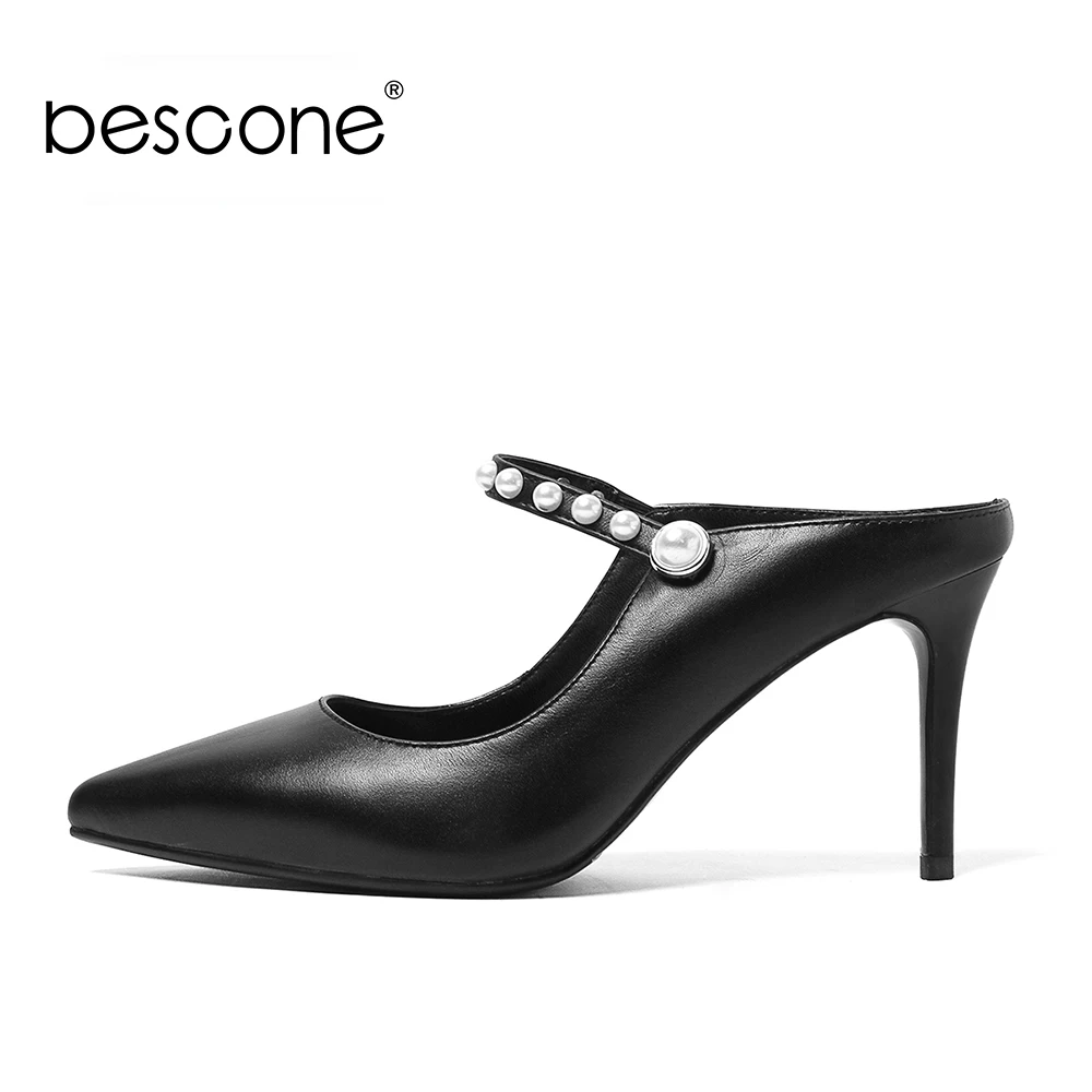 

BESCONE Elegant Women Heel Mules Genuine Leather Supper High Thin Heel Pear Decoration Female Summer Pumps Lady Party Work Shoes