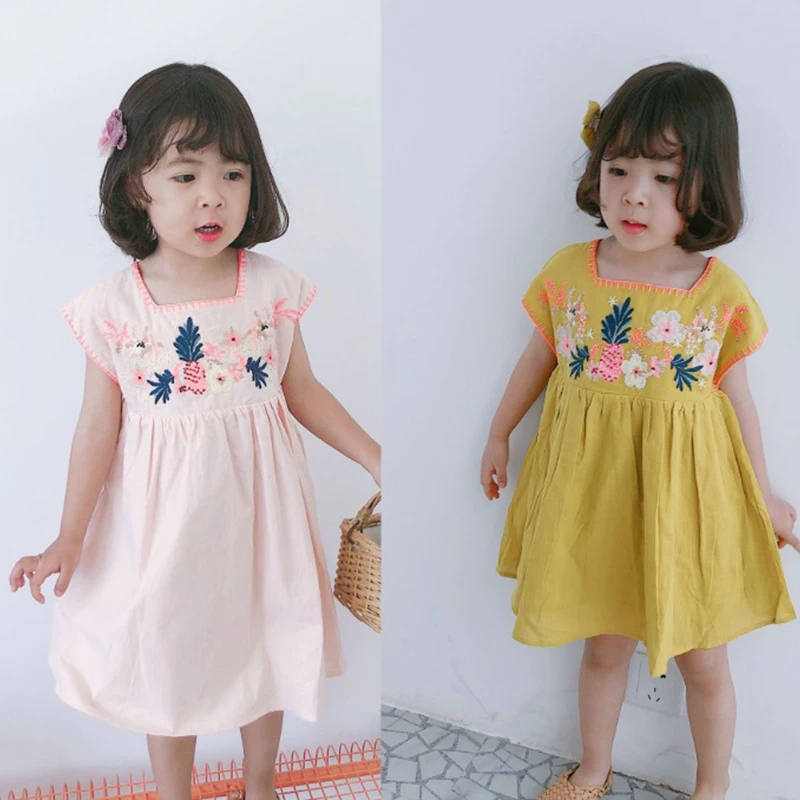 Детское платье г. Брендовые весенне-летние платья с короткими рукавами и цветочной вышивкой для девочек Новая Модная хлопковая одежда для маленьких детей