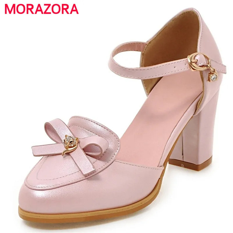 

MORAZORA Cover heel buckle wedding shoes bride big size 33-43 women sandals summer shoes PU soft leather fashion high heel 8cm