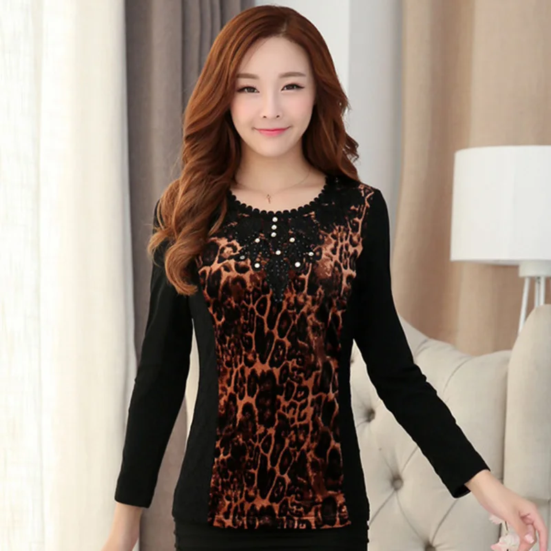 

Leopard Printed Lady Warm T-Shirts Plus Size M-4XL Patchwork Design ADD Fleece Women Casual Tops / Tees