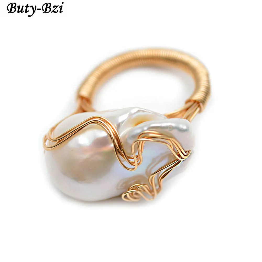 1pc High Quality Handmade Natural Fresh Water White Pearl Big Baroque Beads Wire Wrapped Rings Fashion Woman Party Jewelry
