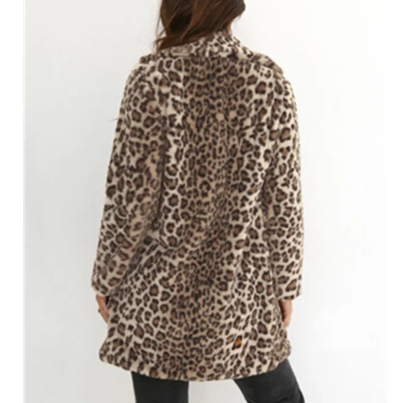 Женское теплое мягкое пальто из искусственного меха с леопардовым принтом, зимнее плюшевое пальто, элегантное пальто с отложным воротником, тонкая верхняя одежда, Mujer шуба F3