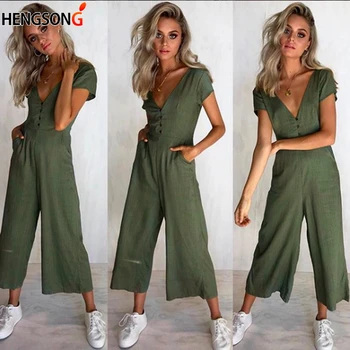 

Wide Leg Pants Casual Button Female Long Jumpsuit 2018 Short Sleeve Summer Romper Sexy V Neck Women Jumpsuit With Pockets