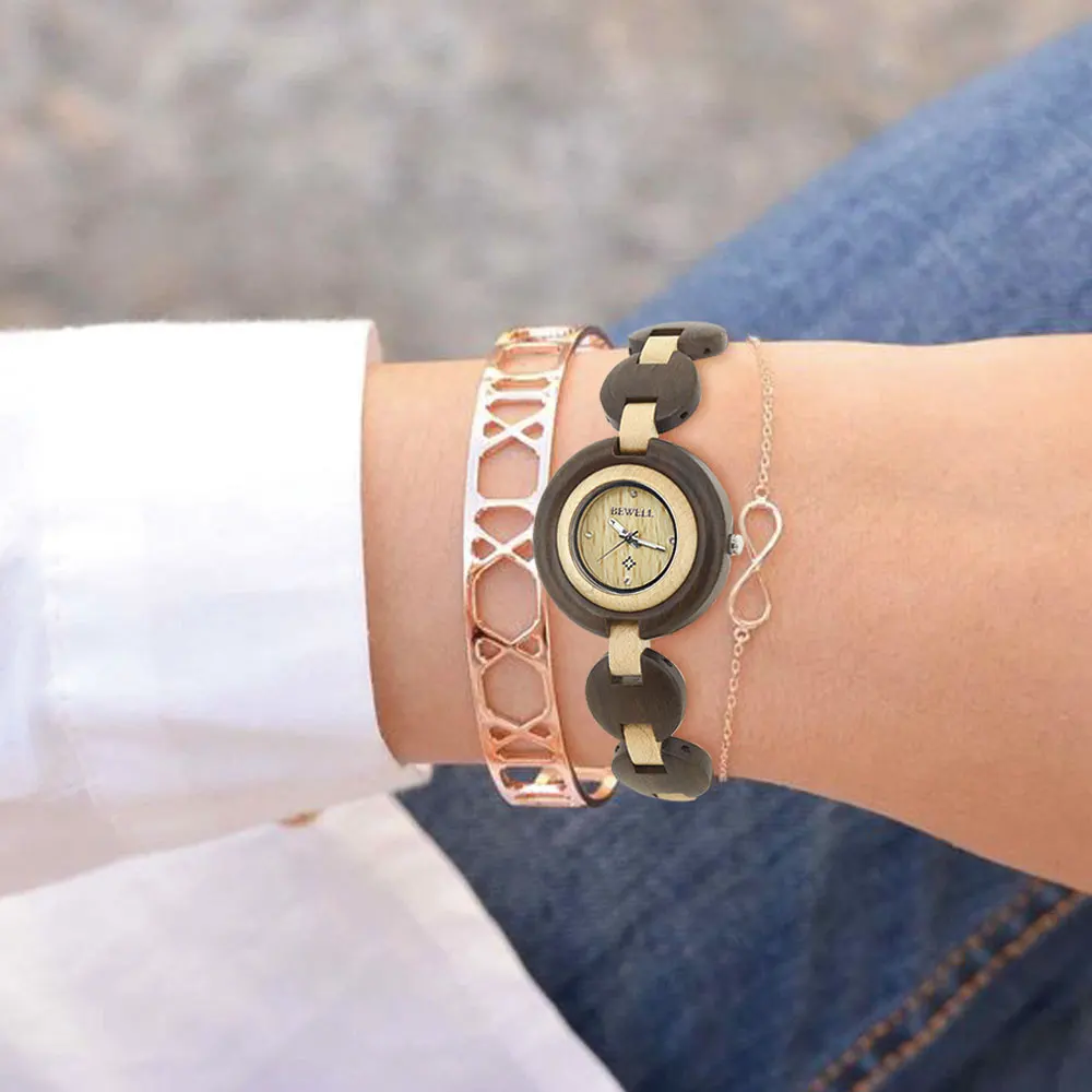 

BEWELL 010A Black Red Slim Wood Watch Women Luxury Small Round Dial Wristwatch Girl Japan Quartz Movement With Paper Box Gift