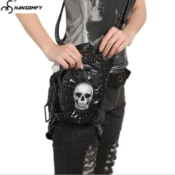

2018 new European and American women men Waist bag punk multi-function female shoulder slung black skull men PU leather pockets