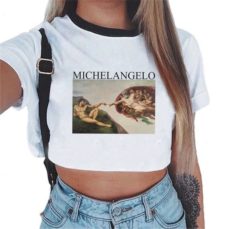 

Korean Fashion Sexy Crop Top Tshirt Women Vintage Van Gogh Graphic Tees Michelangelo Angel Shirt Stray Kids Print Female T-shirt