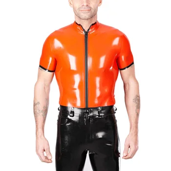 

Customize Men's Latex Rubber Short Sleeves Suit Latex T-Shirt Zip Front 100% Nature Latex Suit