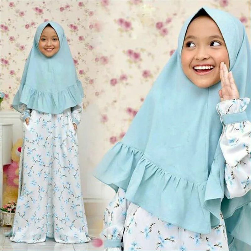 Весенне-осенняя мусульманская одежда для маленьких девочек длинное платье с принтом+ хиджаб с оборками, мусульманская одежда для детей 2, 3, 4, 5, 6 лет