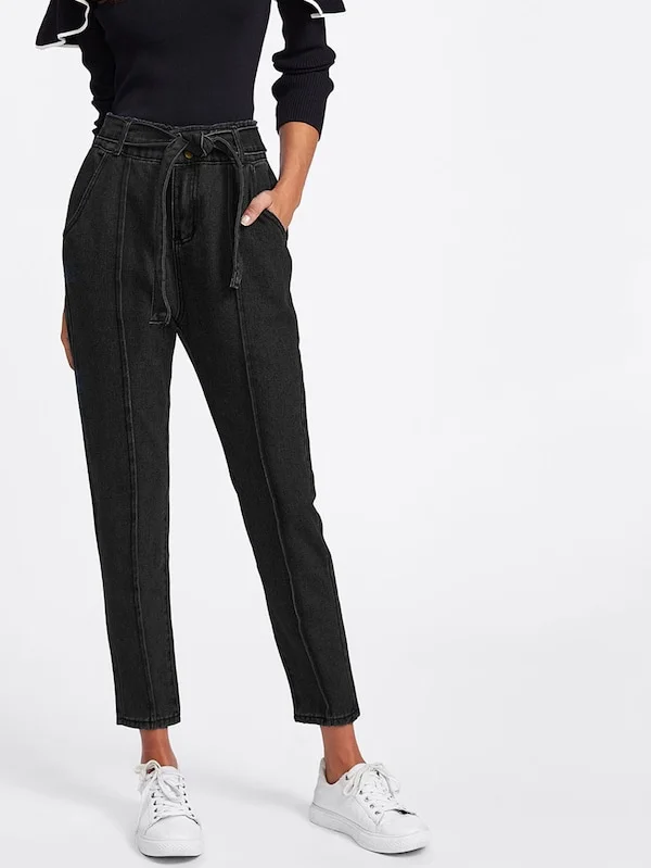 Черные джинсы, женский пояс с бантом, однотонные брюки с высокой талией, женские джинсы для мамы, черные женские обтягивающие джинсы, модные
