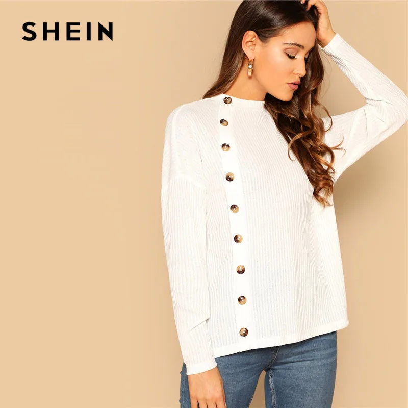 

SHEIN White Button Front Drop Shoulder Rib-Knit Tee 2019 Spring Casual Long Sleeve Women Plain Tops Ladies Weekend Tee