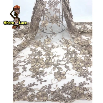

Champagne color nigerian lace fabric 2019 embroidery african french tulle lace fabric for party dress