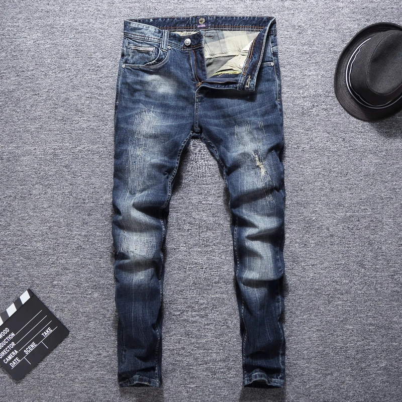

Italian Vintage Style Fashion Men Jeans Retro Blue Wash Slim Fit Ripped Jeans Men Patch Designer Streetwear Hip Hop Jeans Men