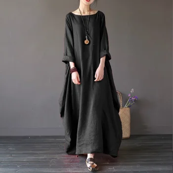

Womens O Neck Long Sleeve Kaftan Maxi Dress Summer Autumn Cotton Linen Gown Robe Dresses Plus Size Large Size Dresses