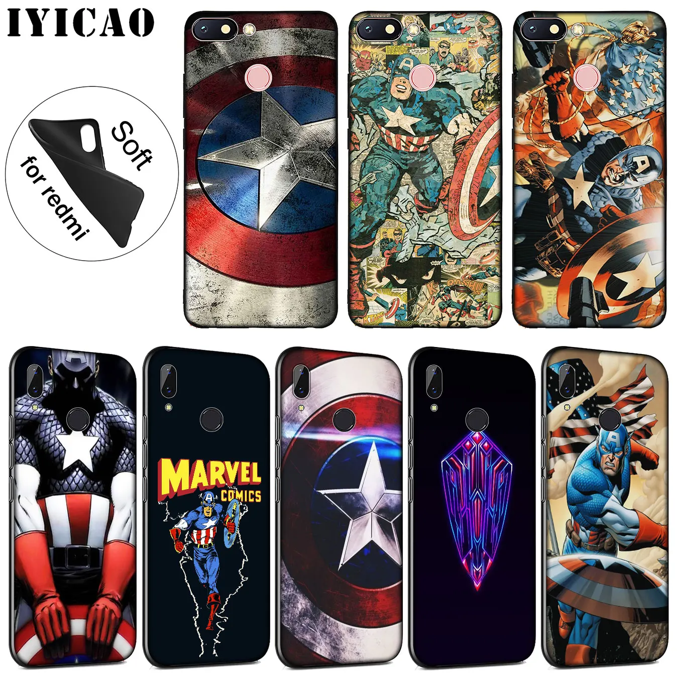 

IYICAO Captain America Marvel Soft Silicone Phone Case for Xiaomi Redmi 6A 5A Note 7 4 4X 5 Plus 6 Pro Black TPU Cover