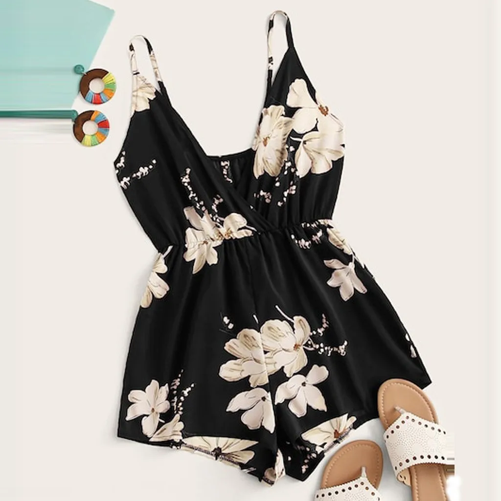 

Women Rompers Vintage Floral Print Sexy Playsuit daily Fashion V-neck Surplice Front black Boho Elegant Jumpsuit Buzos Mujer#ss