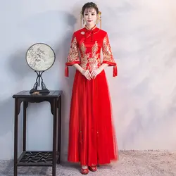 Невесты Cheongsam Винтаж китайский стиль свадебное платье ретро тост Костюмы Леди Вышивка Феникс брак Qipao красная одежда