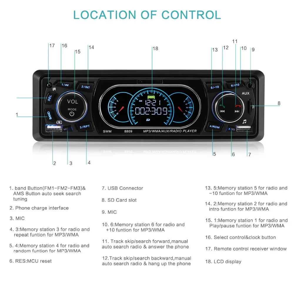 Bluetooth 1-Din автомобильный стерео аудио в-тире MP3 радио плеер Поддержка USB/TF/AUX/FM приемник с беспроводным пультом дистанционного управления