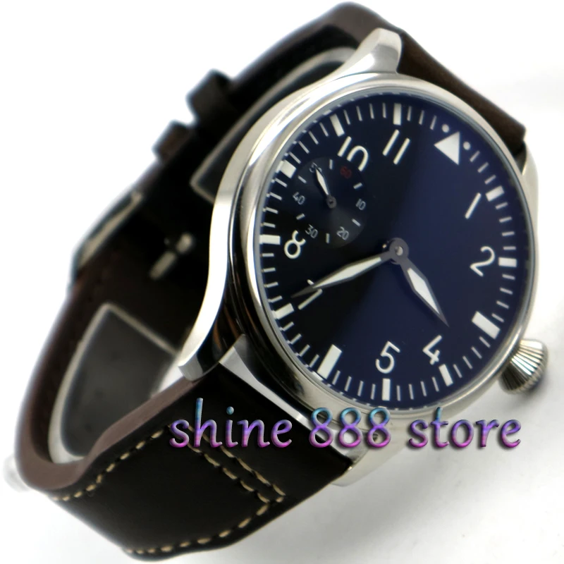 

44mm parnis Black dial Green luminous 17 jewels 6497 movement hand winding mens watch