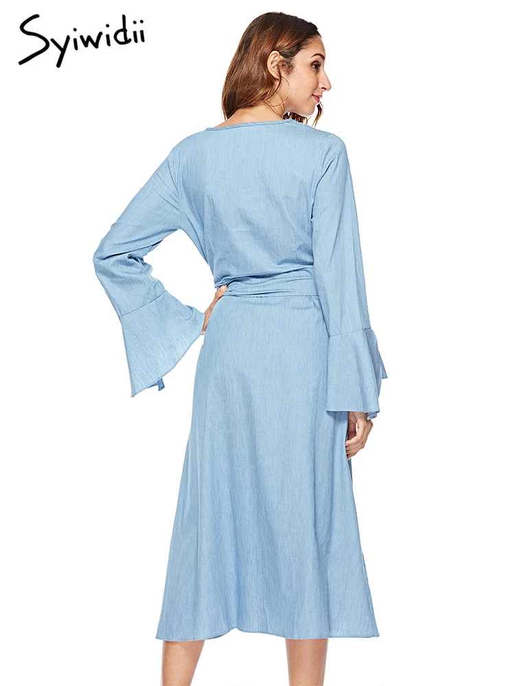 Sky Blue Demin Midi Dress Flare Long Sleeve Cotton Dress V Neck Lace Up Casual Split Dresses 2019 New Summer Autumn Jeans Dress