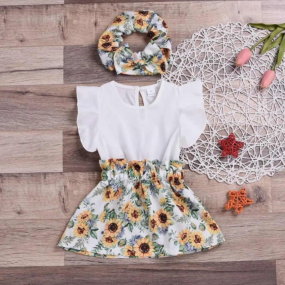 

0-24M 2Pcs Baby Girls Dress Sets Kids Floral Pattern Fly Sleeve Dresses Casual Sundress With Headband
