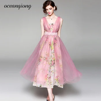 

2018 New Spring Summer Dresses Women Chiffon Mesh Floral Printing Dresses Women Elegant Dresses Party Pink Female Vestidos