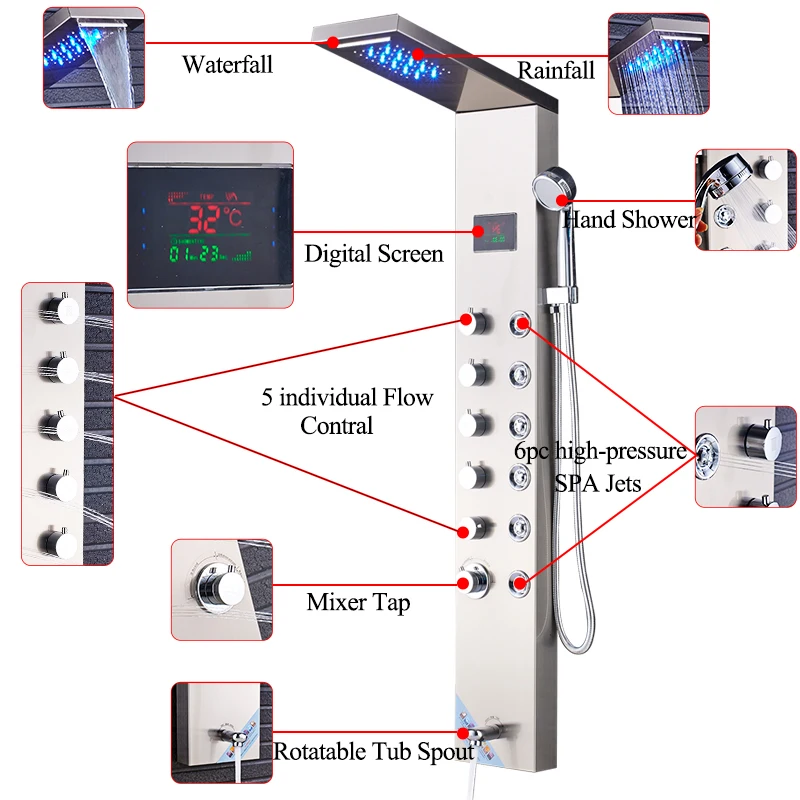 quyanre wanfan frap shower faucet led rainfall waterfall shower head abs high pressure handheld shower temperature digital screen five handles switch mixer tap tub spout faucet2