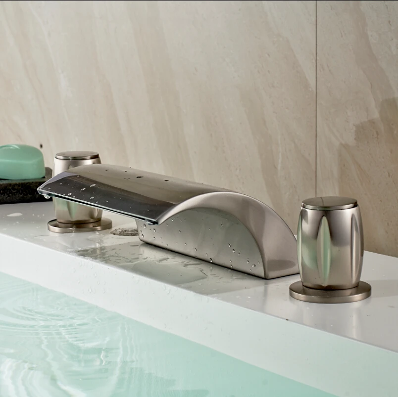 Deck mounted Dual Handles Waterfall Basin Mixer Faucet 3pcs Brushed Nickel Finished Bathroom Tub Mixer Taps