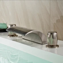 Deck mounted Dual Handles Waterfall Basin Mixer Faucet 3pcs Brushed Nickel Finished Bathroom Tub Mixer Taps