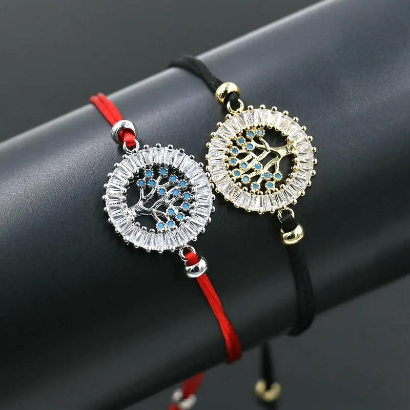 

Silver Color Crystal Blue Zircon Tree Of Life in Middle and Border of CZ Bracelet Red Thread String Charm Bracelets For Women