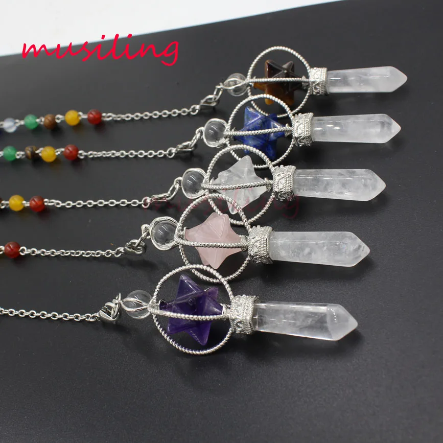 

Merkaba Dowsing Reiki Pendulum Natural Stone 7 Chakra Beads Chain Hexagon Prism Magic Pendant Charms Healing Amulet Jewelry 1Pcs