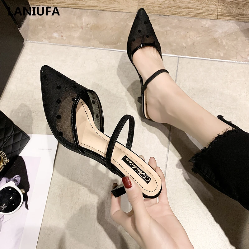 

mid heels Women Sandals Women Breathable Mesh Pointed Toe Slip On flip flops Women Slippers high heels dress shoes mujer &228