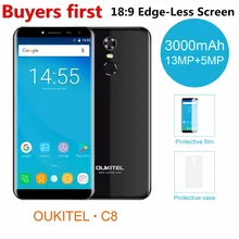 Oukitel C8 5.5Inch 18:9 Display Smartphone Android 7.0 3000mAh 2GB RAM 16GB ROM MT6580 Quad Core Fingerprint 8.0MP mobile phone