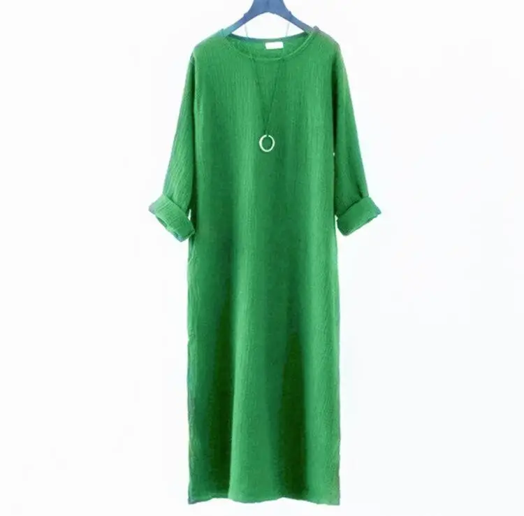 Осень женское платье большого размера S-4XL 5XL 6XL Ретро льняное платье с длинным рукавом весеннее свободное Повседневное платье длинное хлопковое льняное платье - Цвет: Зеленый