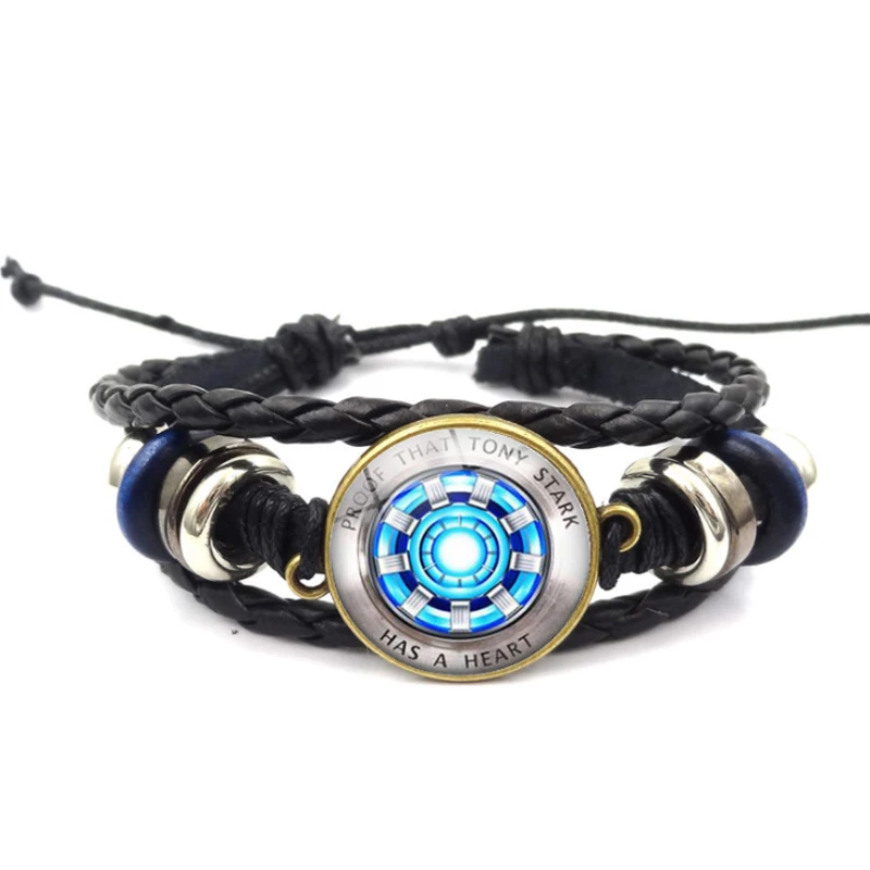 

Marvel Bracelet Iron Man Tony Stark Arc Reactor Leather The Avengers 3D Printed Glass Gem Charm Bracelet Bangles