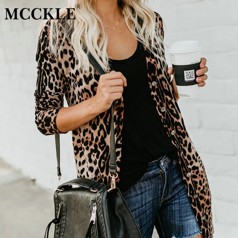 

Women's Leopard Printed Cardigan Tops V-neck Long Sleeve Knitted Outwear Cardigans 2019 Spring Ladies Loose Trench Coats