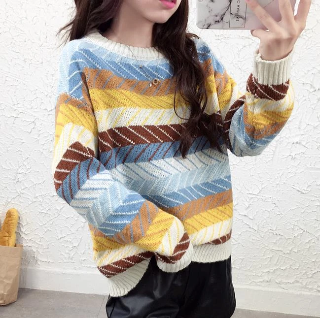 New Winter Sweaters Woman Vintage Hit Color Stripe Loose Pullover Female Casual Jumpers 