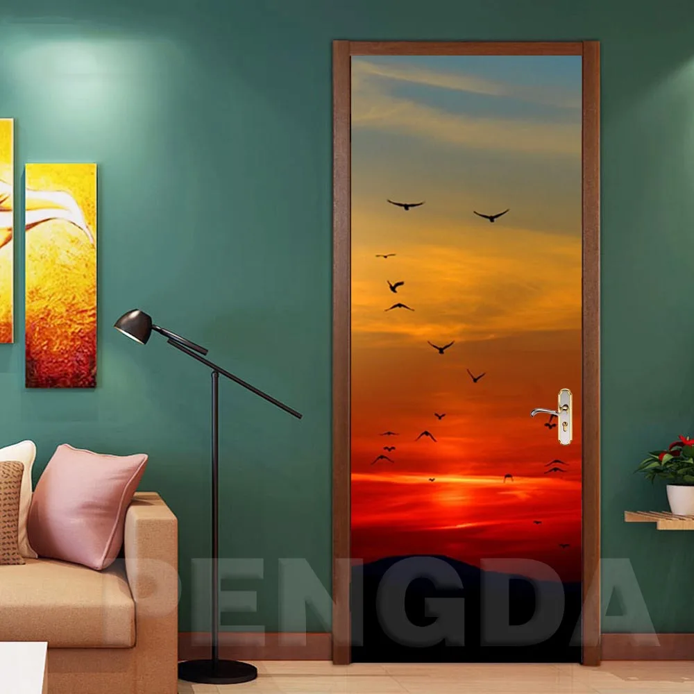 

Print Self Adhesive Picture Creative Door Decor Setting Sun Landscape Stickers Waterproof 3D Mural Renovation Decals Living Room
