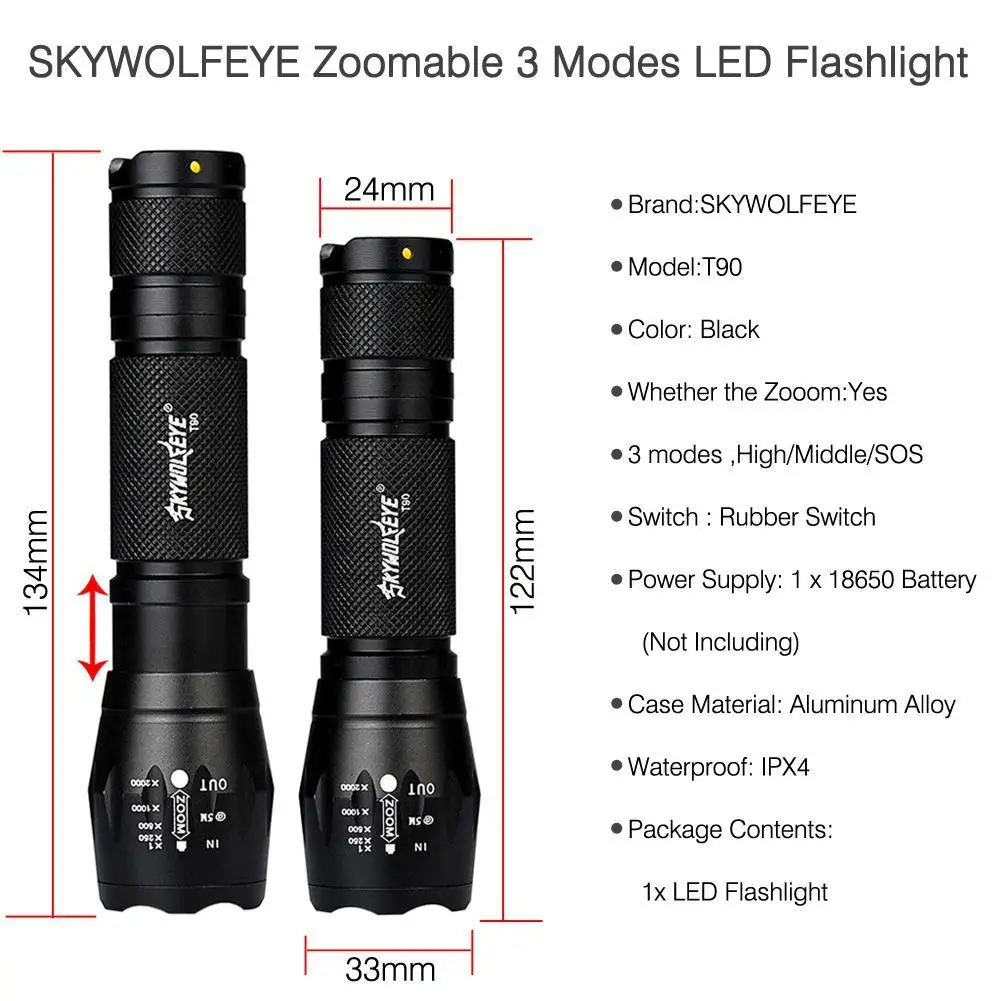 SKYWOLFEYE 8000 Люмен масштабируемый T6 светодиодный фонарик 3 режима Портативный 18650 батарея фонарик с фокусом лампа Тактический