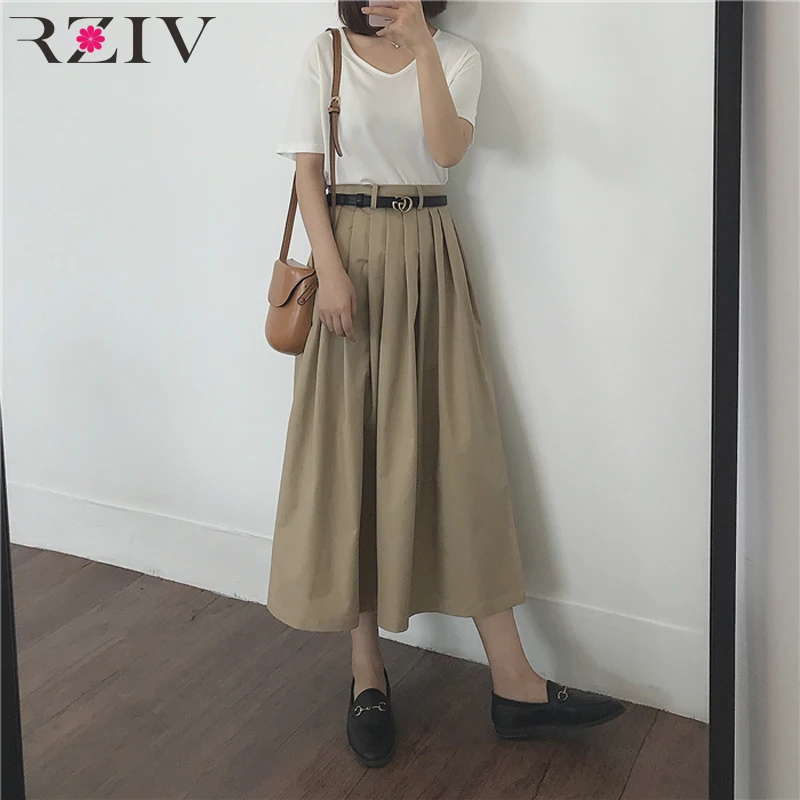 

RZIV Summer high waist women skirt casual solid color pleated skirts midi A line ladies skirts