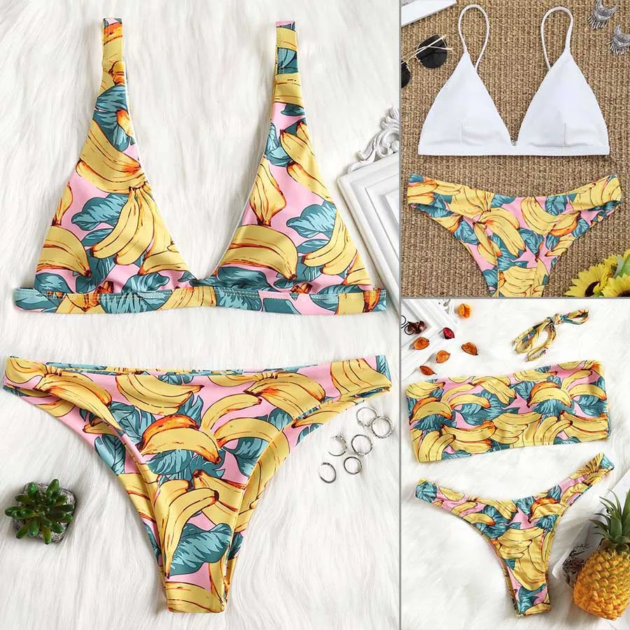 

Cute Banana Print Push Up Bikini Set Women Sexy Brazilian Triangle Bikinis Summer Thong Swimwear Halter Beach Wear Bathing Suits