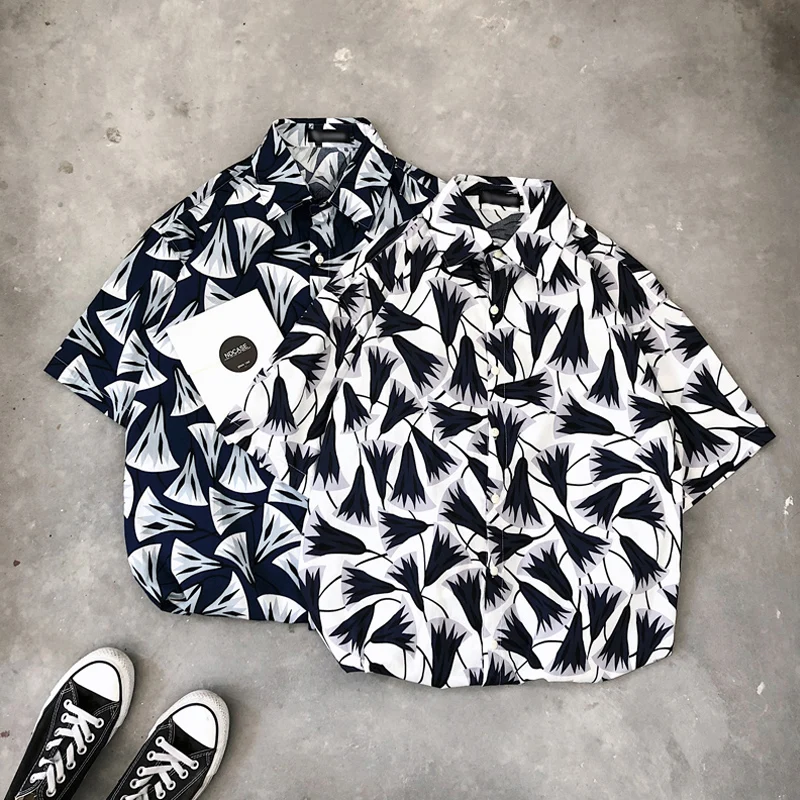 

Summer New Arrival Mens Shirts Printing Beach Shirt Blue White S-XL Casual Men Shirt Short Sleeve